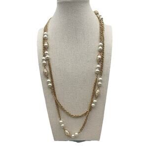 Vintage Sarah Coventry Goldtone Necklace With Faux Pearl Stations 25-50” Long